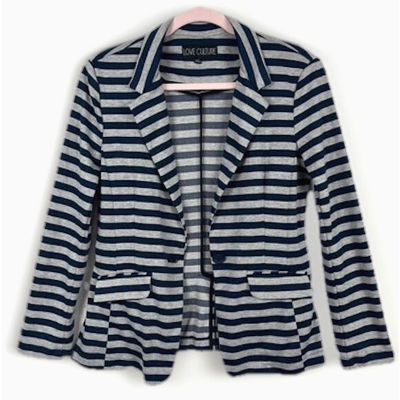 Knit Blazer Womens SZ LG Blue Stripes Gray Lightweight Preppy Trendy College - Picture 4 of 11